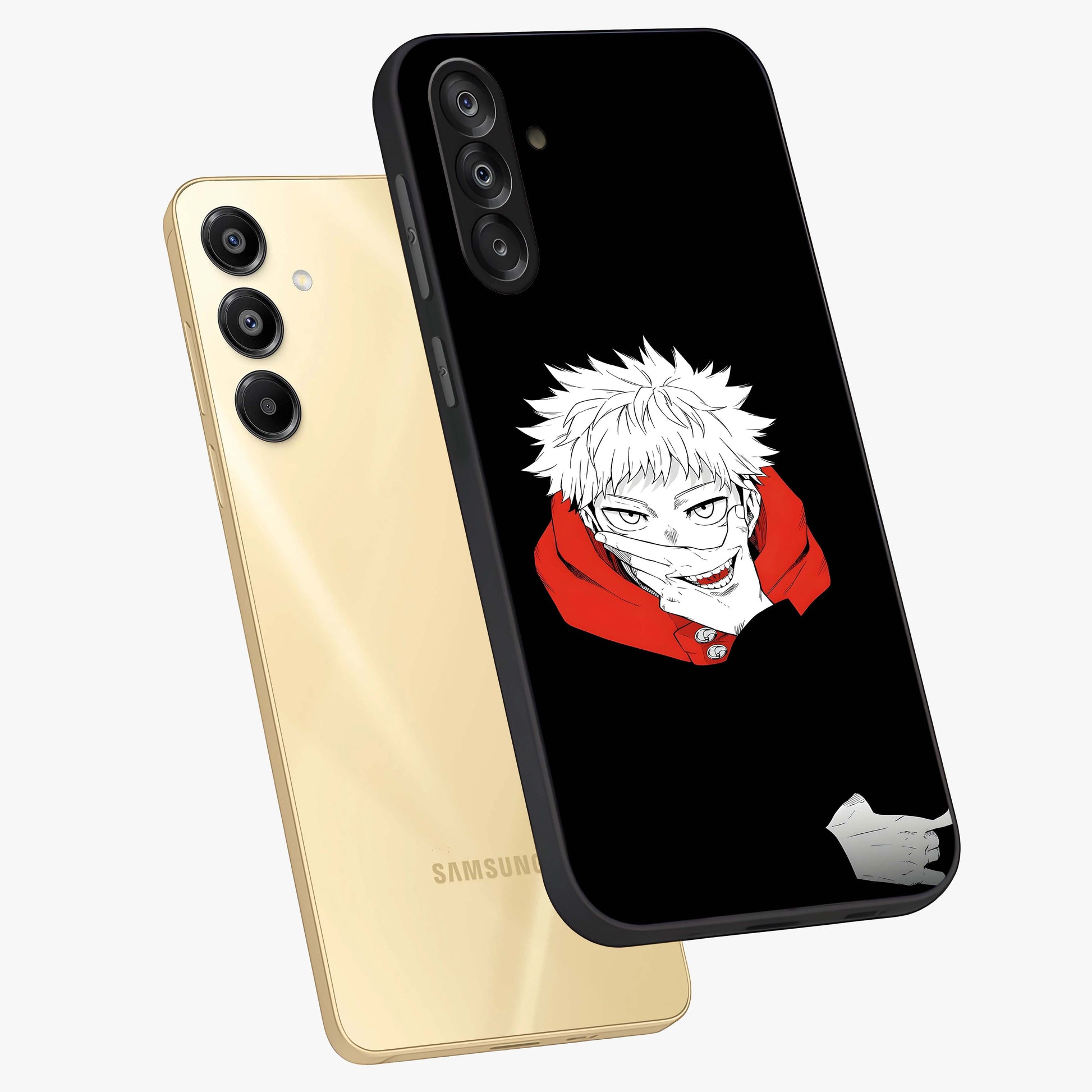 Crimson Chaos Smile Glass Case displayed in angled mockup highlighting edgy crimson smile design with graphic aesthetic.