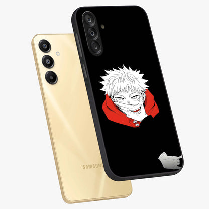 Crimson Chaos Smile Glass Case displayed in angled mockup highlighting edgy crimson smile design with graphic aesthetic.