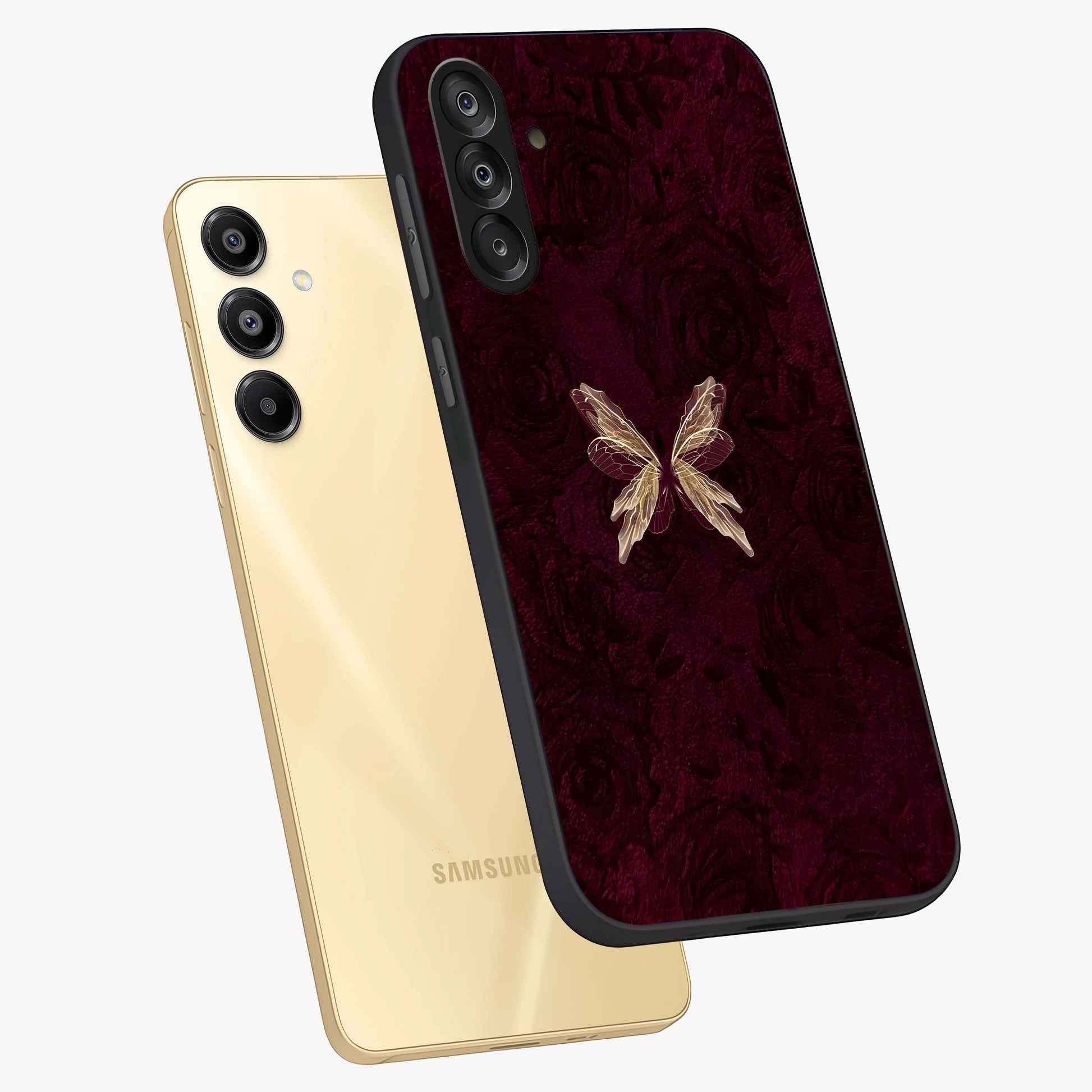 Crimson Fade Butterfly Glass Case displayed in angled mockup highlighting elegant butterfly design with crimson gradient aesthetic.
