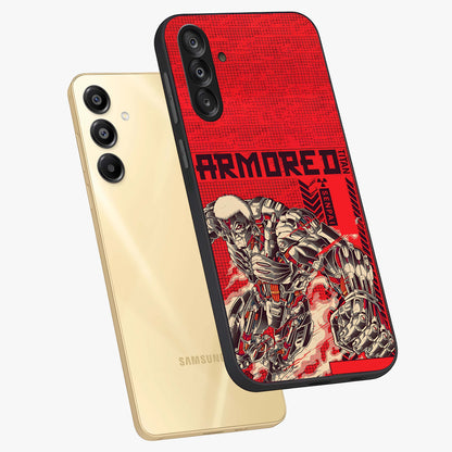 Crimson Mecha Titan Glass Case displayed in angled mockup highlighting futuristic mech illustration with bold crimson aesthetic.