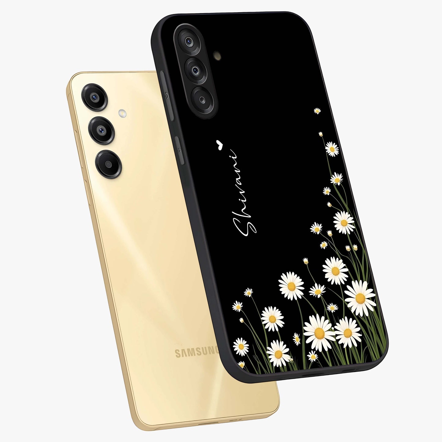 Daisy Cascade Custom Name Glass Case displayed in angled mockup highlighting delicate daisy artwork with custom name feature.