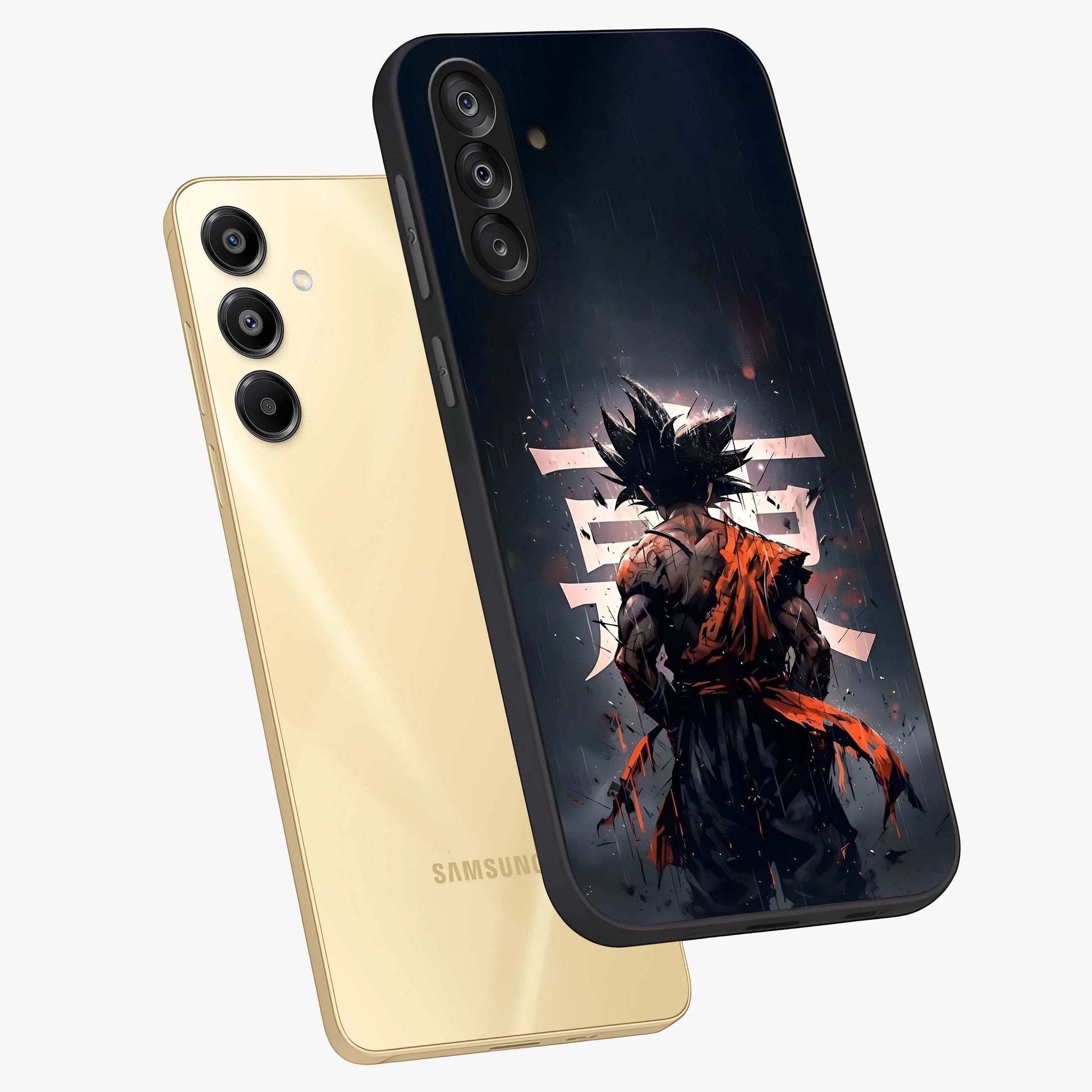 Dark Warrior In Rain Glass Case displayed in angled mockup highlighting dramatic warrior illustration with dark rain aesthetic.