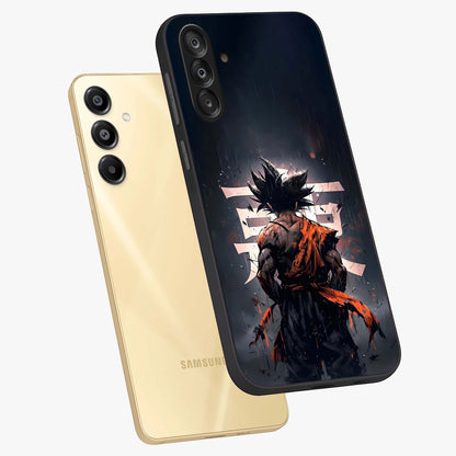 Dark Warrior In Rain Glass Case displayed in angled mockup highlighting dramatic warrior illustration with dark rain aesthetic.