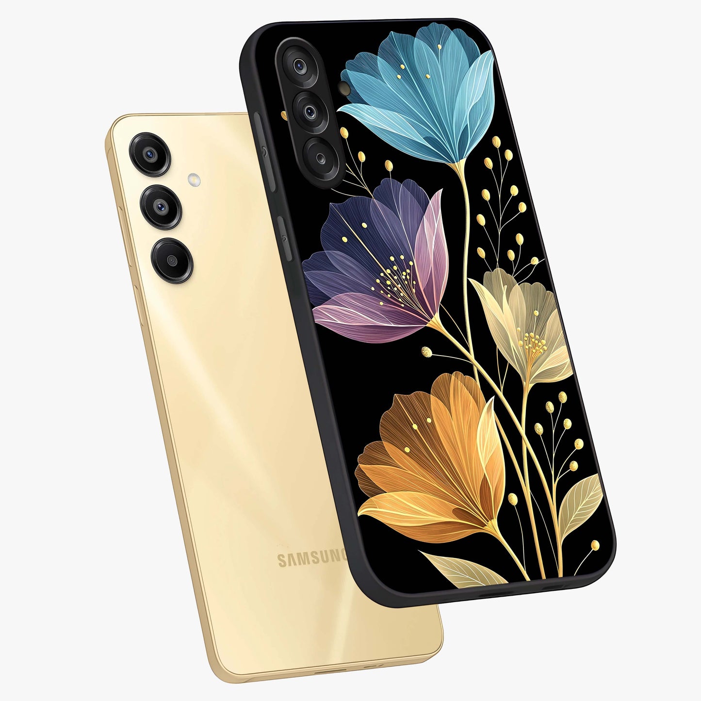 Delicate Multicolor Flowers Glass Case displayed in angled mockup highlighting colorful flower pattern with soft aesthetic style.