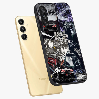 Die Young Glass Case displayed in angled mockup highlighting expressive graphic artwork with edgy aesthetic style.
