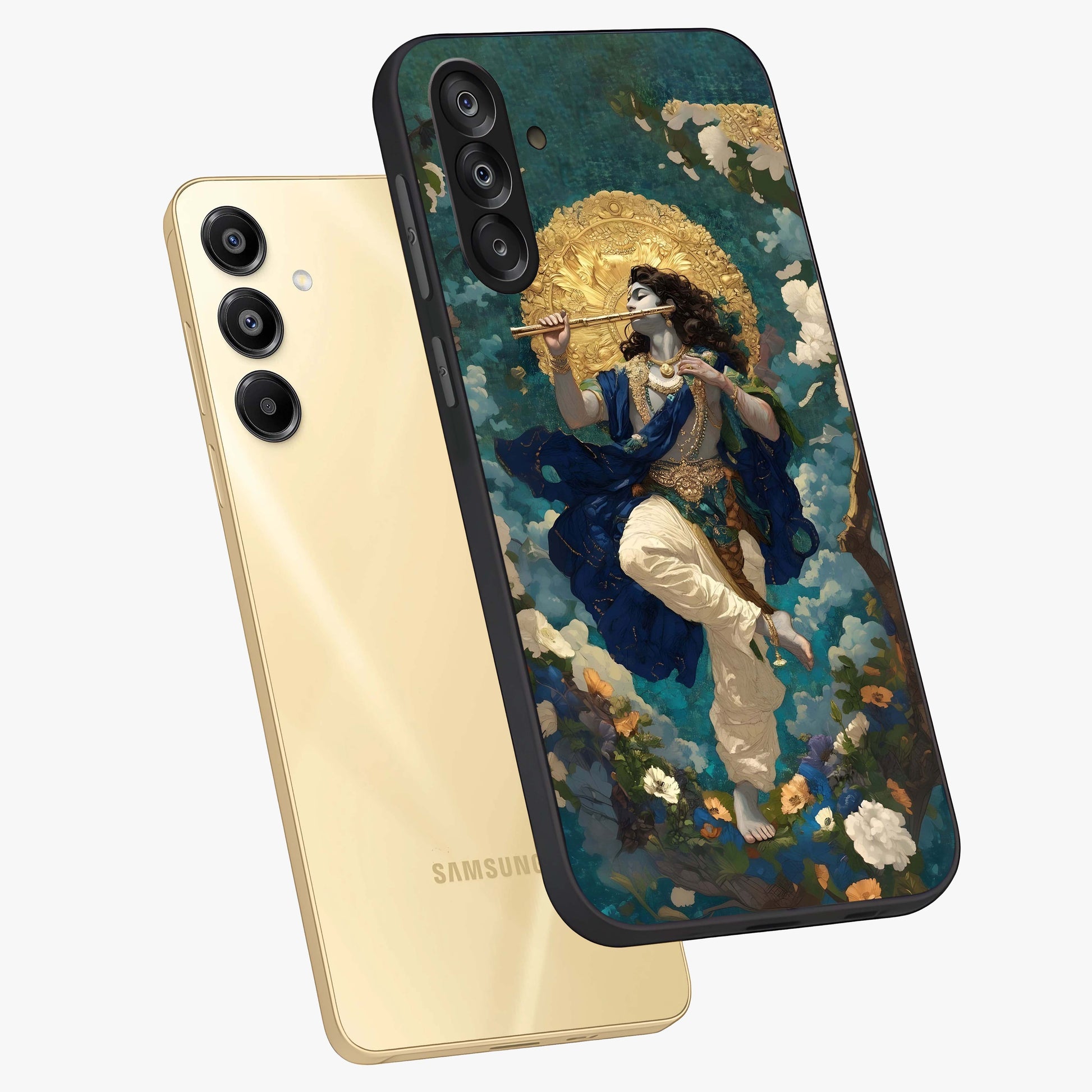 Divine Krishna Art Glass Case displayed in angled mockup highlighting spiritual Krishna illustration with devotional aesthetic.
