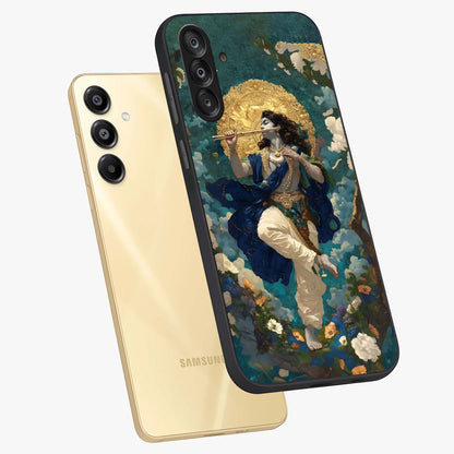 Divine Krishna Art Glass Case displayed in angled mockup highlighting spiritual Krishna illustration with devotional aesthetic.