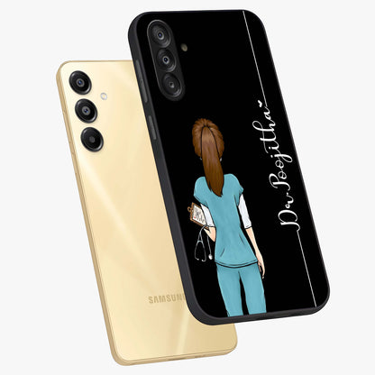 Doctor Pattern Custom Name Glass Case displayed in angled mockup highlighting doctor inspired artwork with custom name feature.
