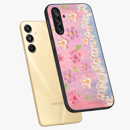 Dreamy Painted Garden Glass Case displayed in angled mockup highlighting colorful garden illustration with dreamy aesthetic style.
