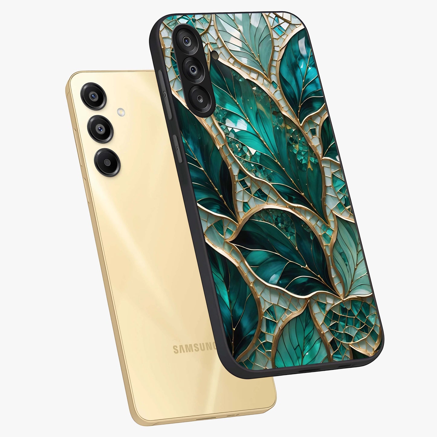 Emerald Leaf Glass Glass Case displayed in angled mockup highlighting botanical leaf illustration with elegant natural aesthetic.