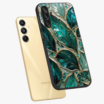 Emerald Leaf Glass Glass Case displayed in angled mockup highlighting botanical leaf illustration with elegant natural aesthetic.