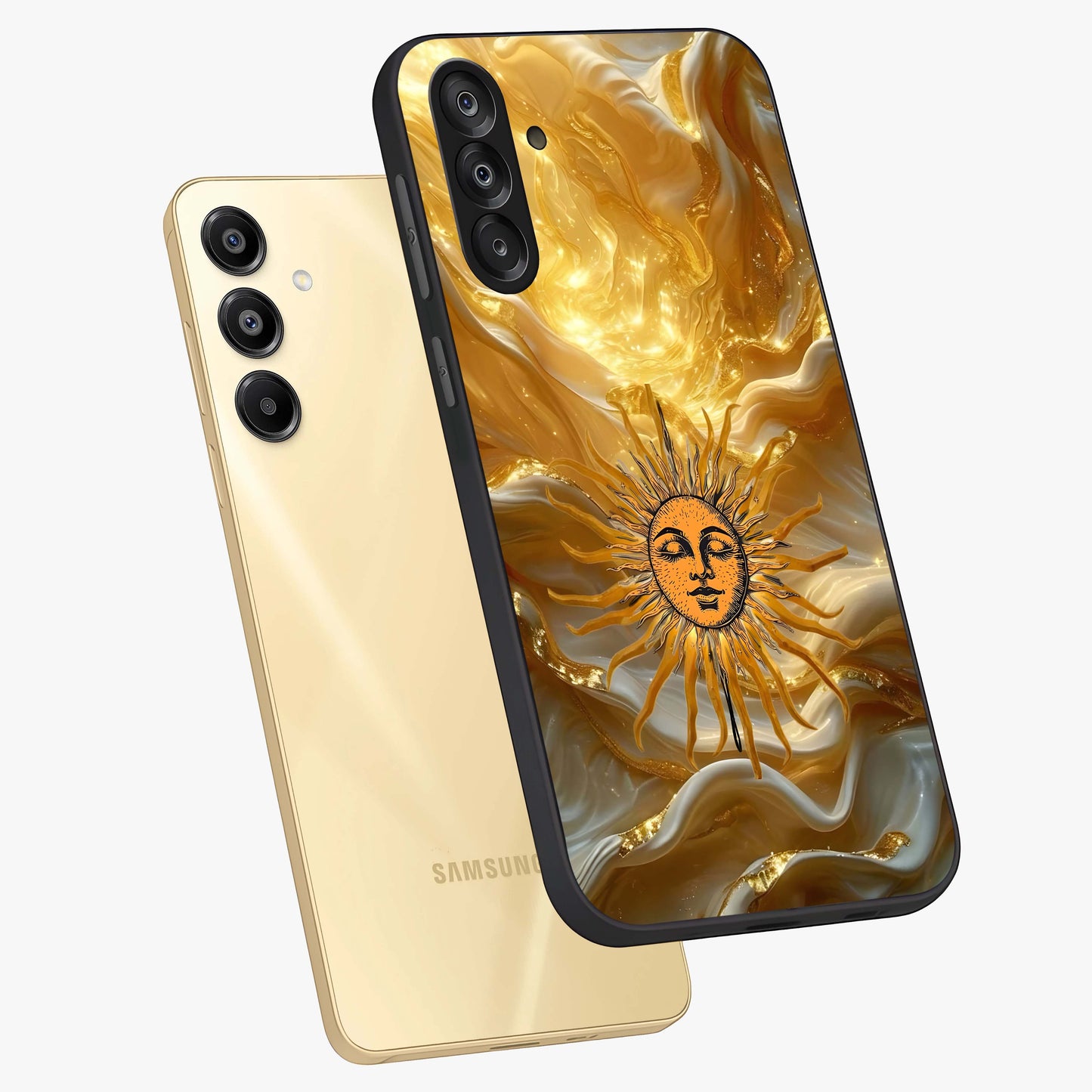 Eternal Golden Glow Glass Case displayed in angled mockup highlighting glowing golden aesthetic design with elegant style.