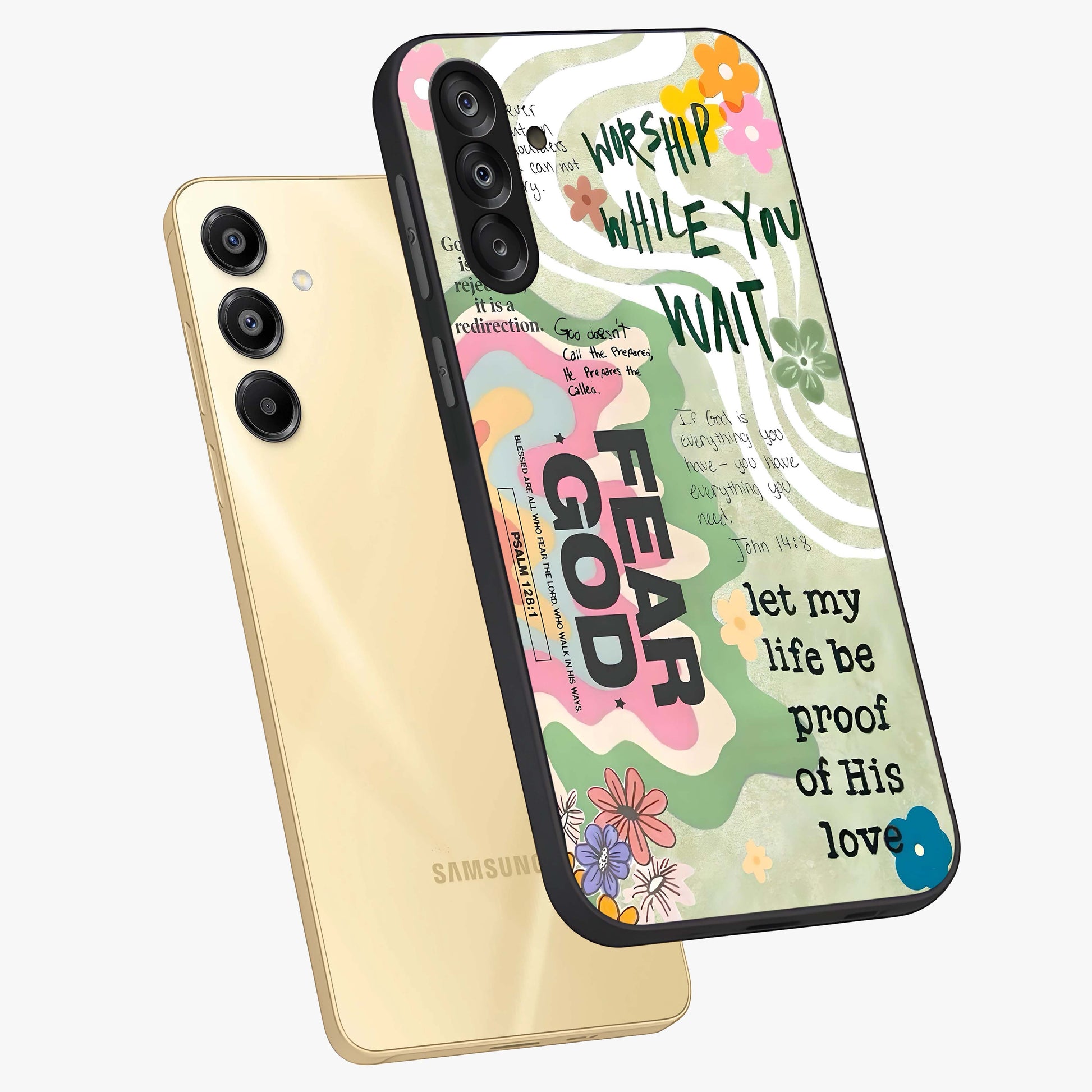 Faith Over Fear Glass Case displayed in angled mockup highlighting inspirational message design with modern aesthetic style.