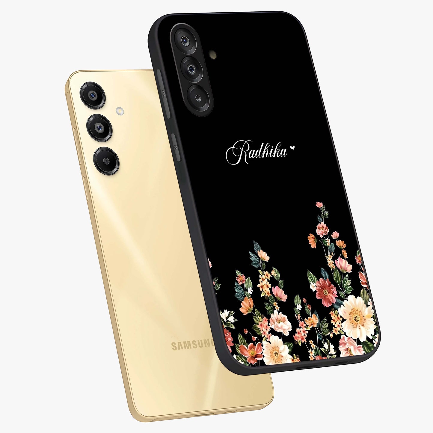 Floral Design With a Custom Personalized Name Glass Case displayed in angled mockup highlighting elegant floral pattern with custom name feature.