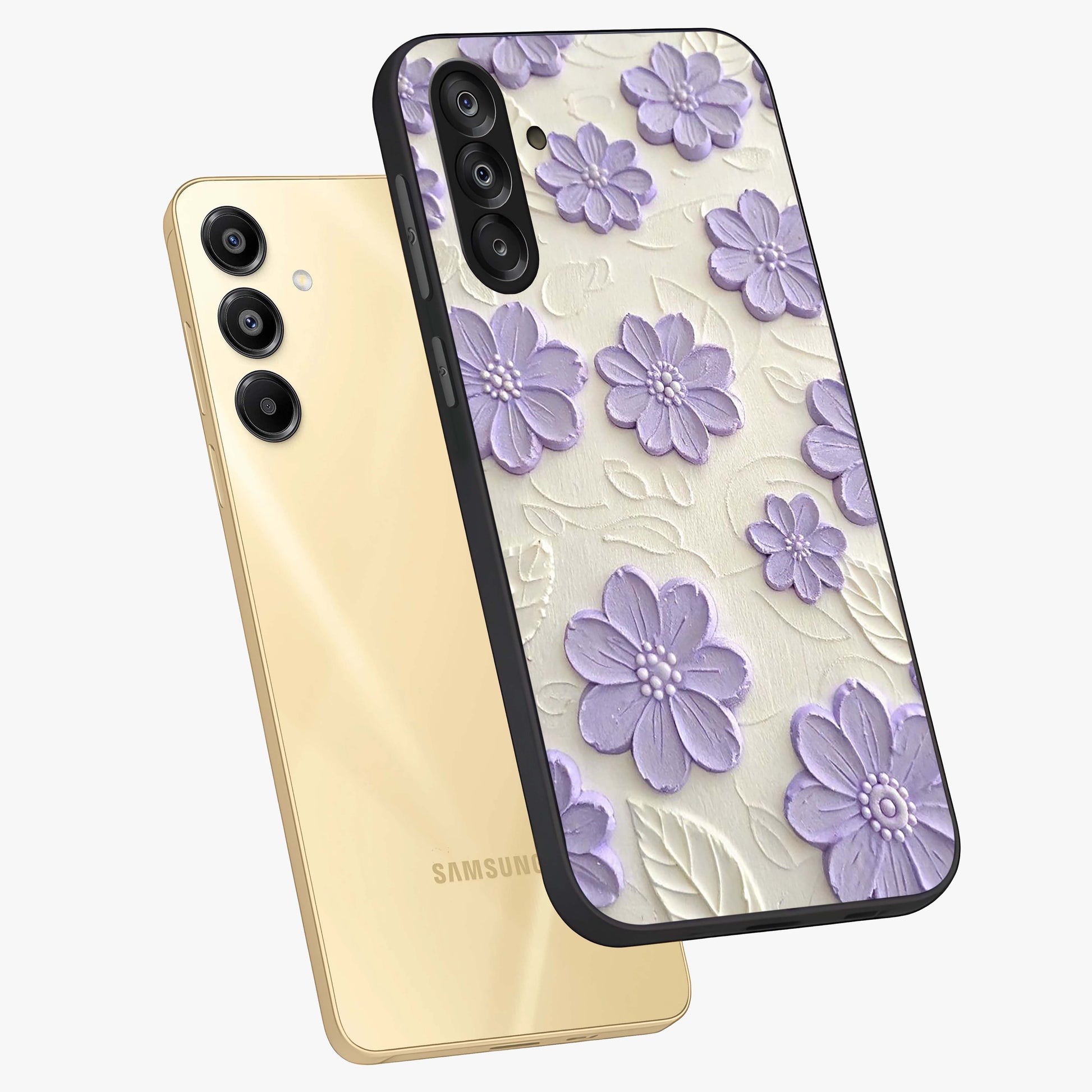 Floral Wall Art With Purple Flowers Glass Case displayed in angled mockup highlighting vibrant purple floral illustration with artistic aesthetic.