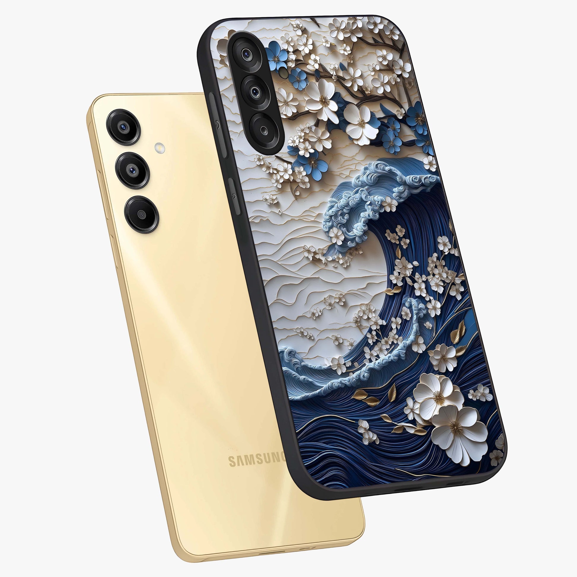 Floral Wave Origami Glass Case displayed in angled mockup highlighting geometric origami flower design with modern aesthetic style.