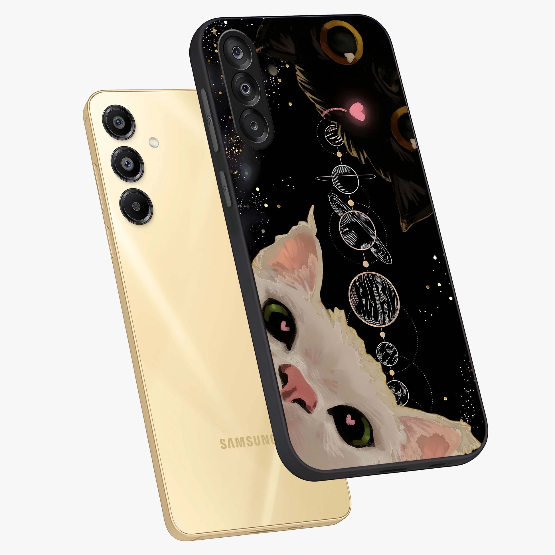 Galactic Cat Glass Case displayed in angled mockup highlighting celestial feline illustration with galaxy aesthetic style.
