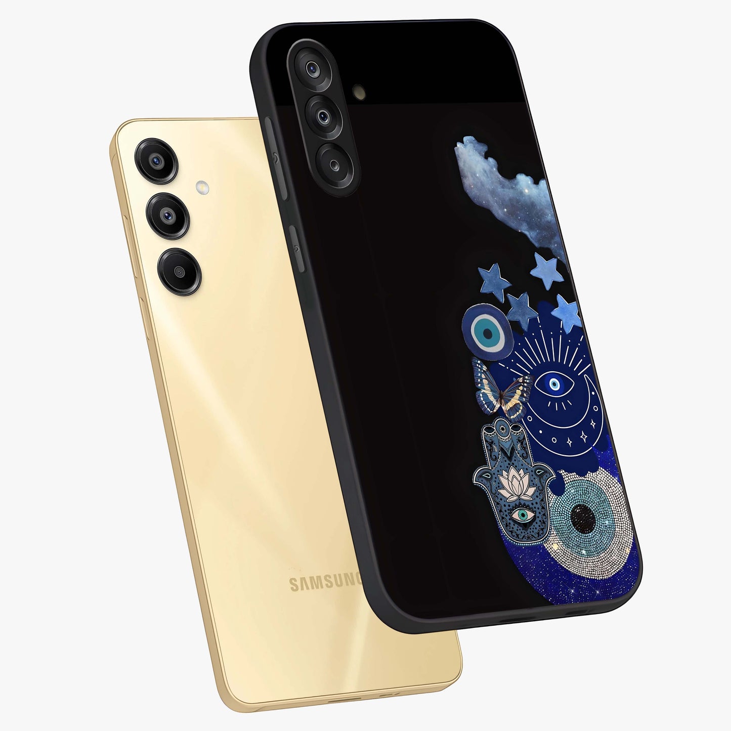 Galactic Charm Cluster Glass Case displayed in angled mockup highlighting luminous galaxy inspired design with dreamy aesthetic.