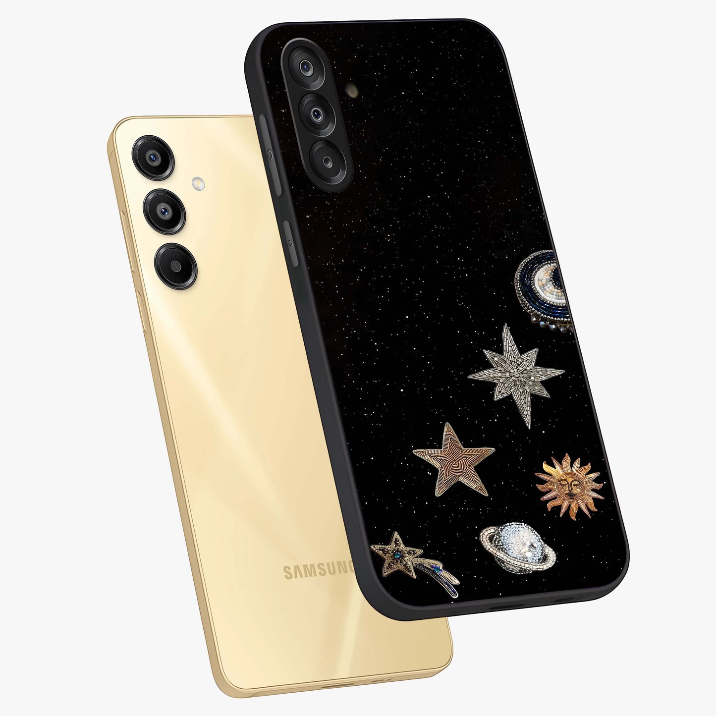 Galactic Charm Glow Glass Case displayed in angled mockup highlighting luminous galaxy inspired design with dreamy aesthetic.