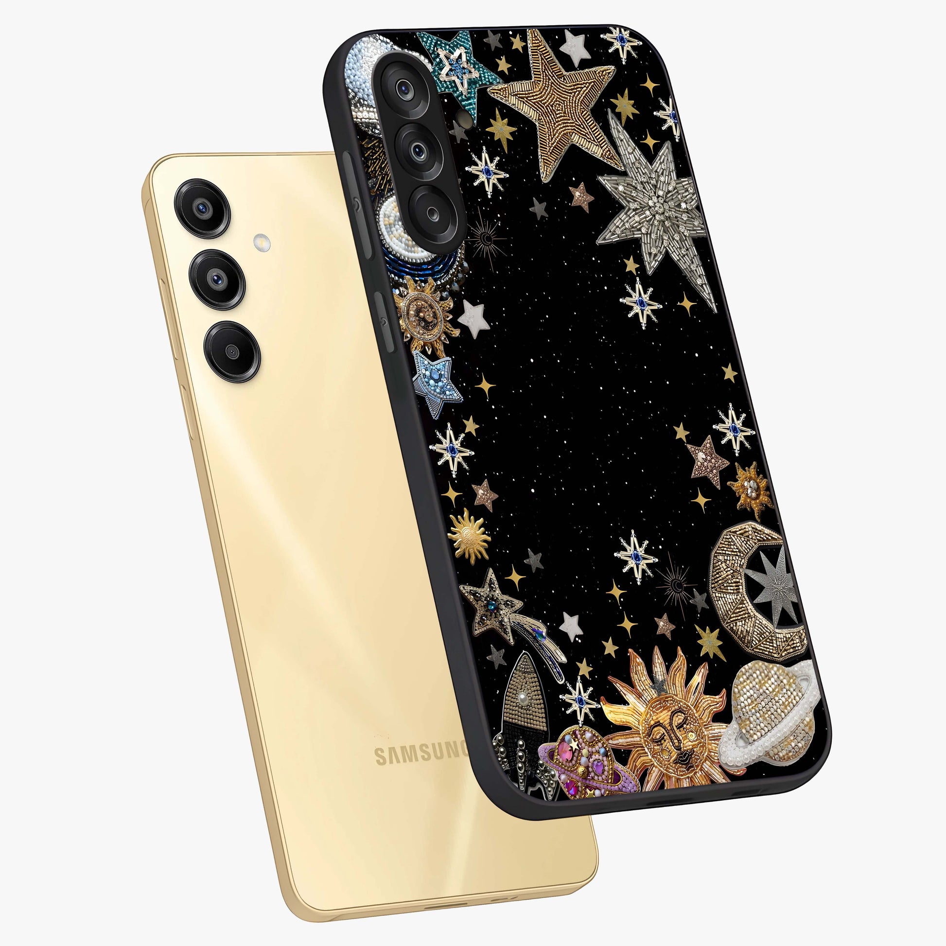 Galactic Jewel Stars Glass Case displayed in angled mockup highlighting shining celestial star design with cosmic aesthetic style.