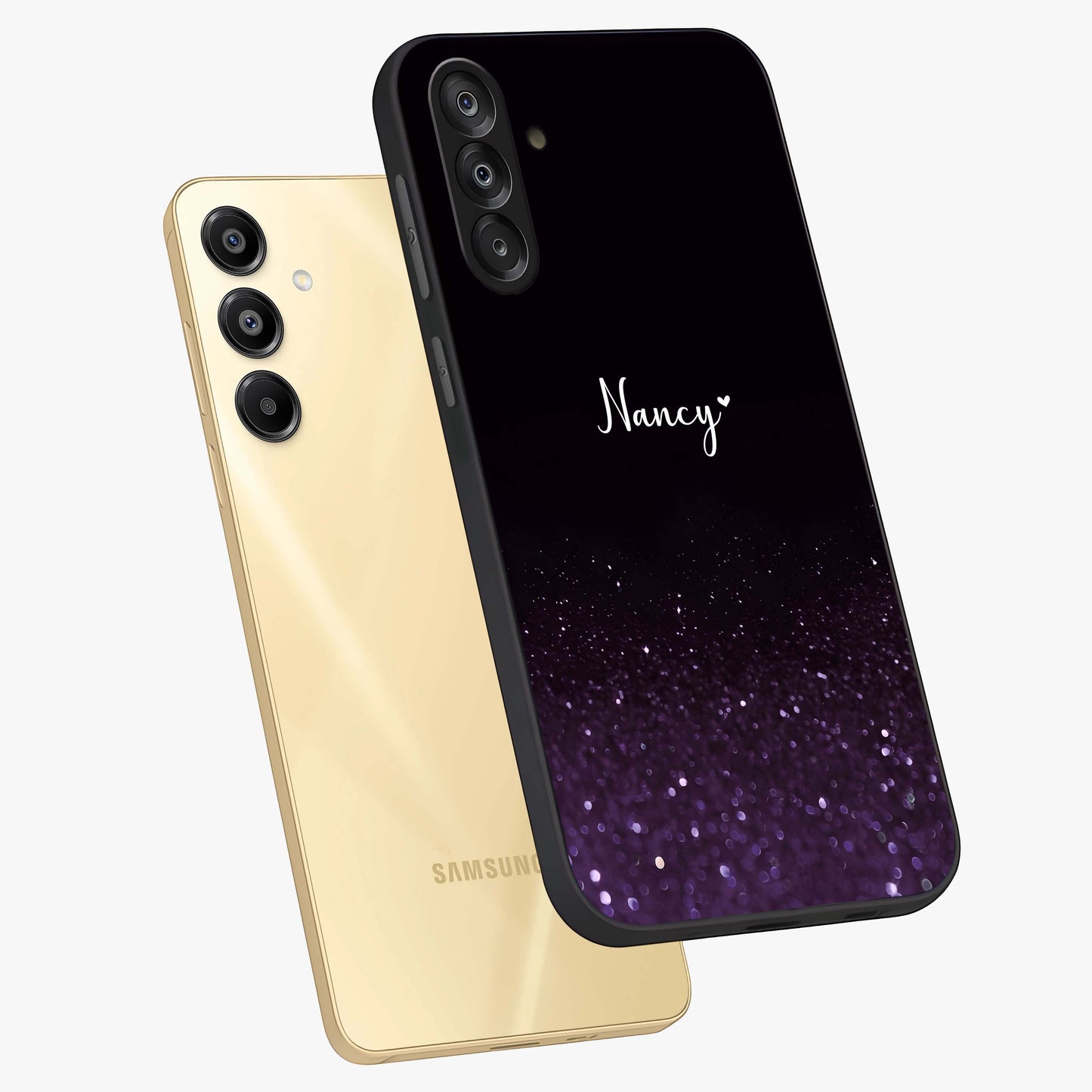 Glittery Purple Bokeh Custom Name Glass Case displayed in angled mockup highlighting glitter bokeh pattern with custom name feature.