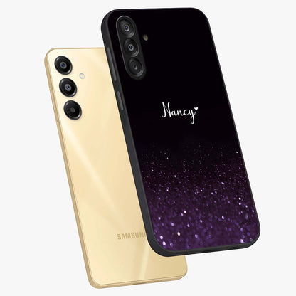 Glittery Purple Bokeh Custom Name Glass Case displayed in angled mockup highlighting glitter bokeh pattern with custom name feature.