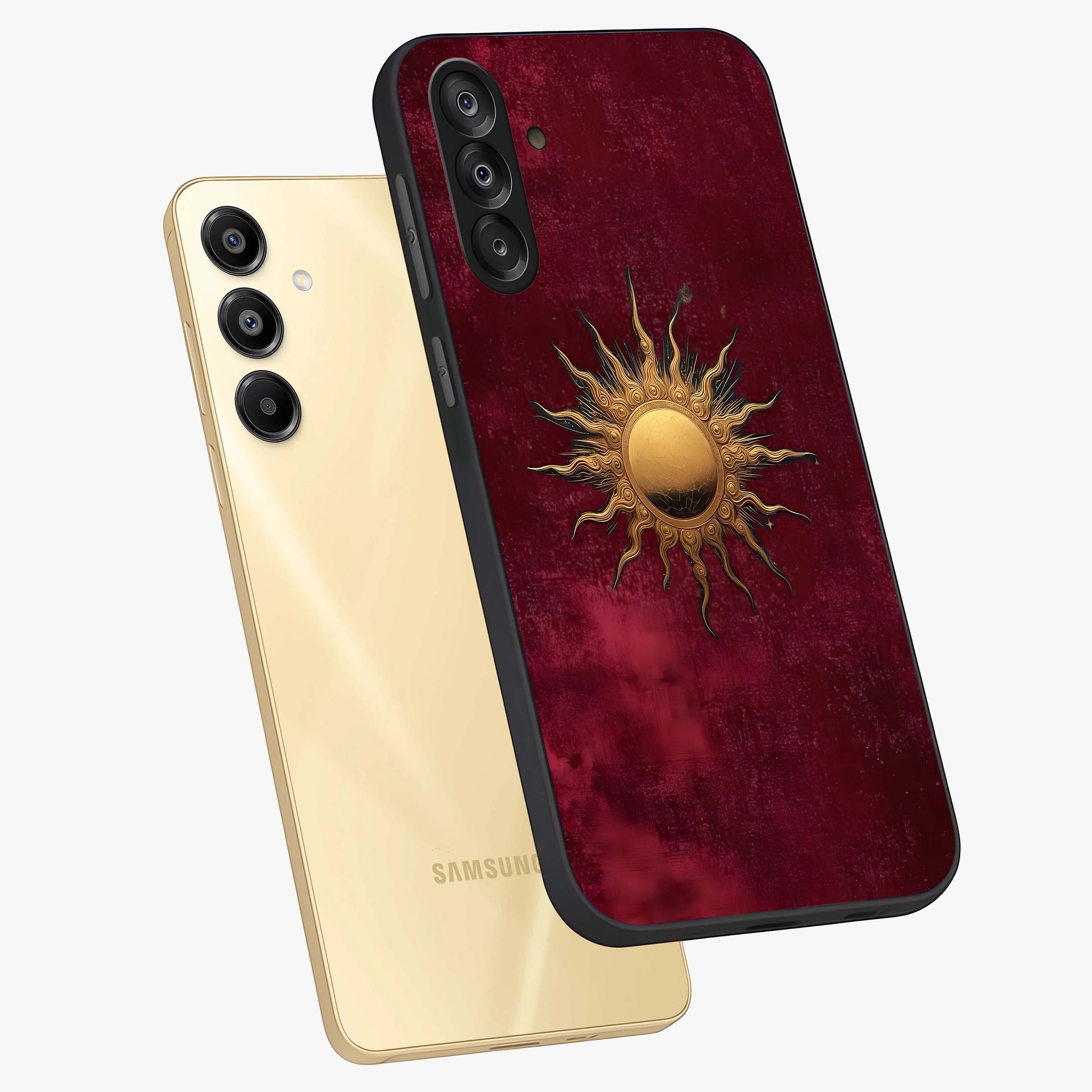 Golden Sun Minimalism Glass Case displayed in angled mockup highlighting clean sun symbol design with modern minimal aesthetic.