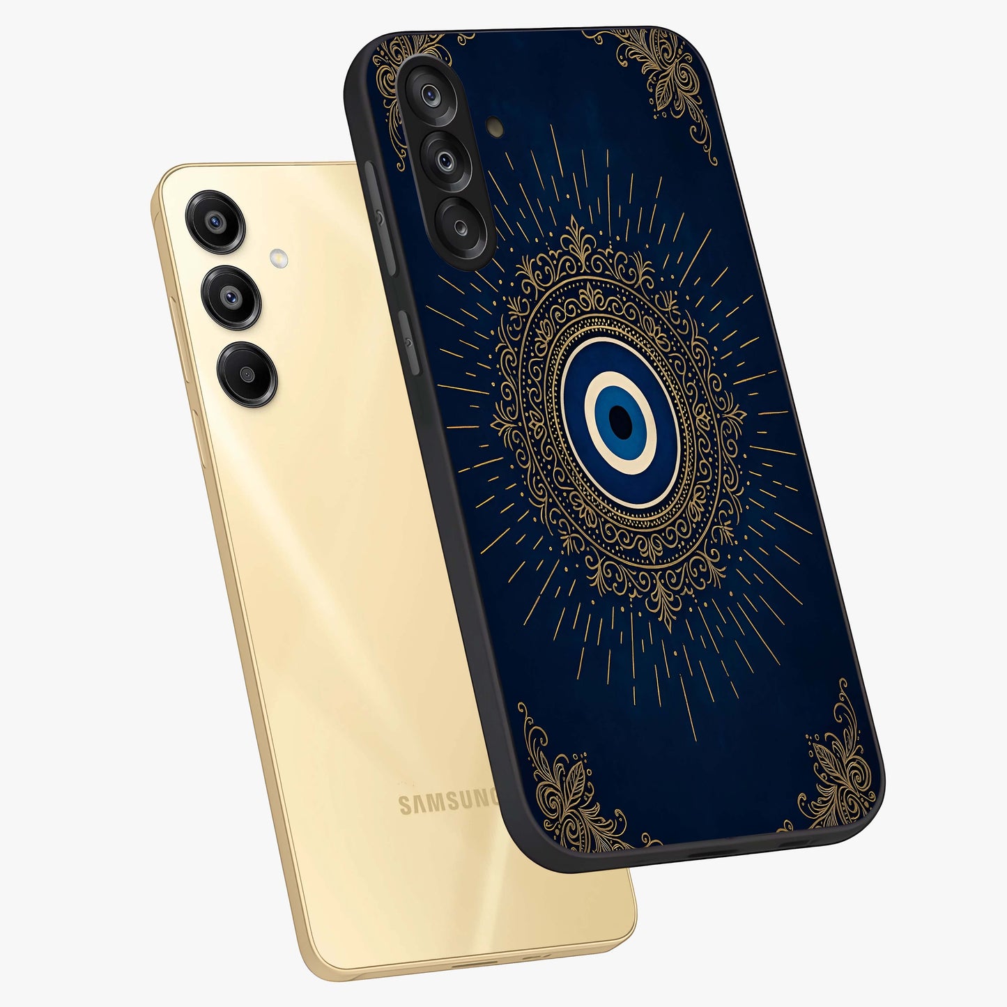 Golden Celestial Charm Glass Case displayed in angled mockup highlighting sparkling cosmic charm design with celestial aesthetic.