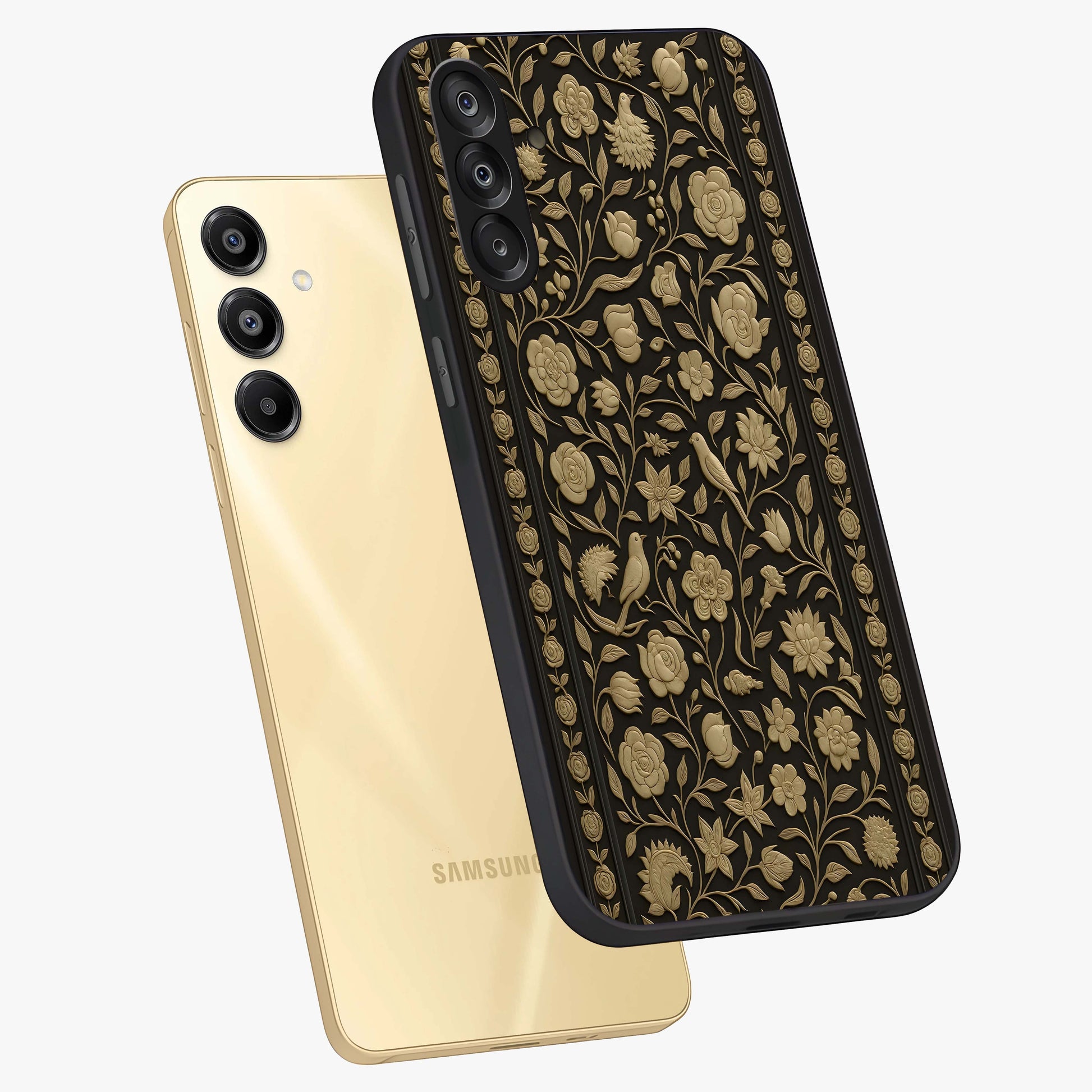 Golden Evil Eye Mandala Glass Case displayed in angled mockup highlighting protective evil eye symbol with golden mandala design.
