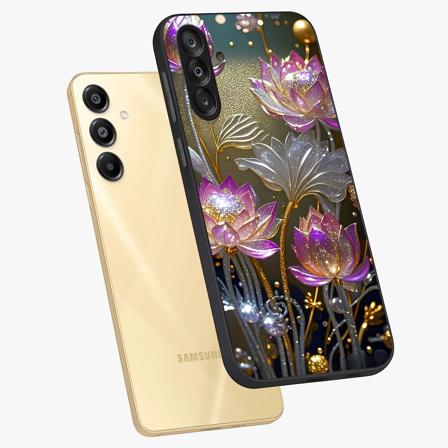 Golden Floral Majesty Glass Case displayed in angled mockup highlighting elegant flower design with royal golden aesthetic.