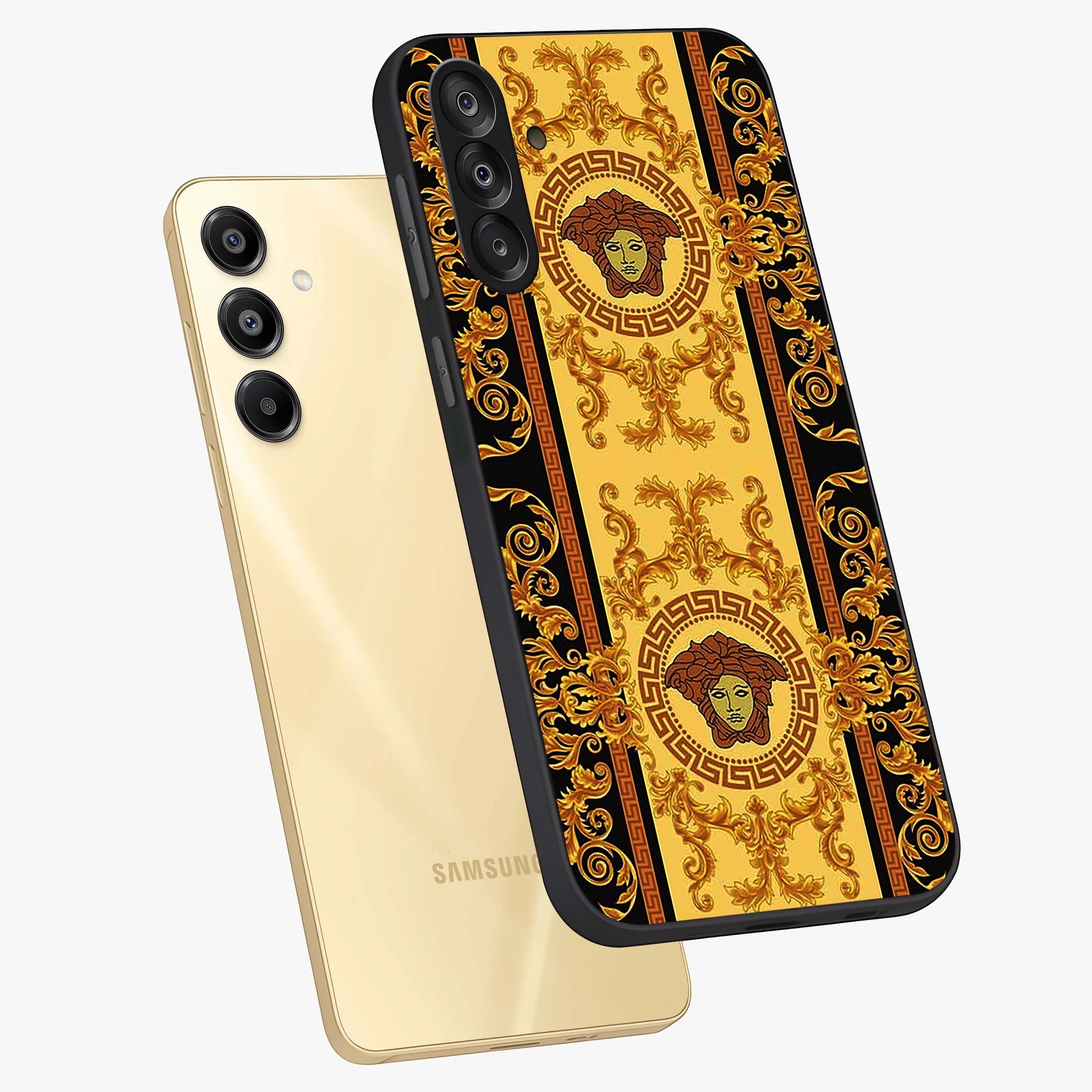 Golden Lotus Glow Glass Case displayed in angled mockup highlighting radiant lotus illustration with spiritual aesthetic.