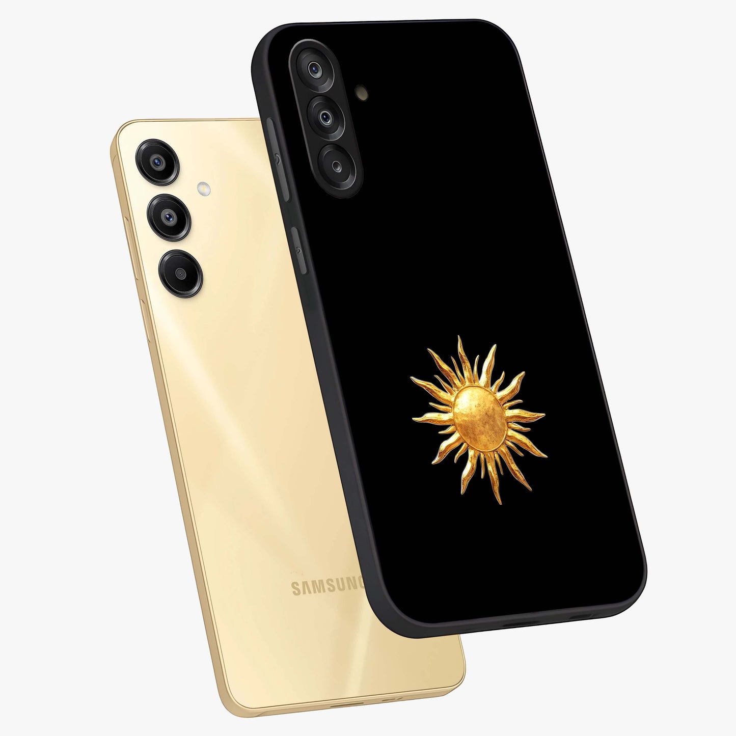 Golden Sun Minimalism Glass Case displayed in angled mockup highlighting eerie shadow illustration with gothic aesthetic.