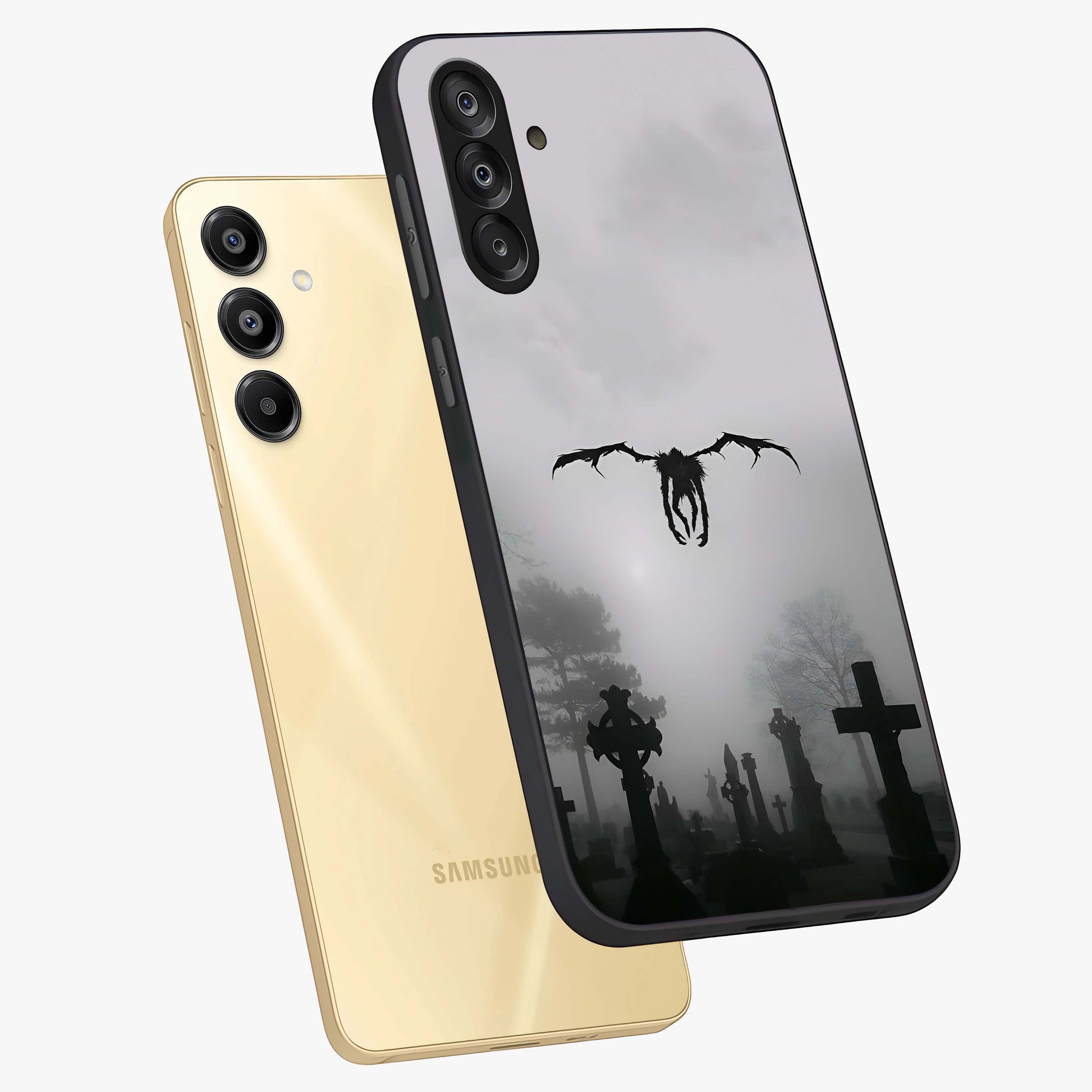 Graveyard Shadow Descent Glass Case displayed in angled mockup highlighting eerie shadow illustration with gothic aesthetic.
