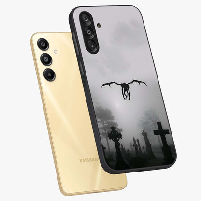 Graveyard Shadow Descent Glass Case displayed in angled mockup highlighting eerie shadow illustration with gothic aesthetic.