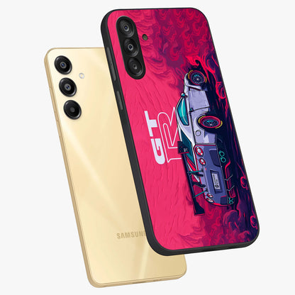 GT-R Car Pattern Glass Case displayed in angled mockup highlighting racing car graphic design with bold automotive aesthetic.