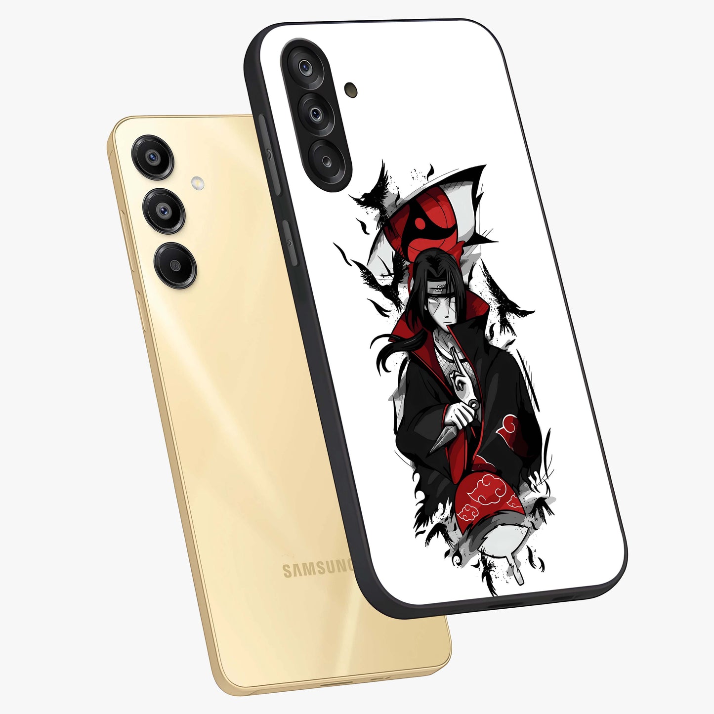 Itachi Limited Edition Naruto Anime Glass Case displayed in angled mockup highlighting dramatic anime illustration with bold action aesthetic.