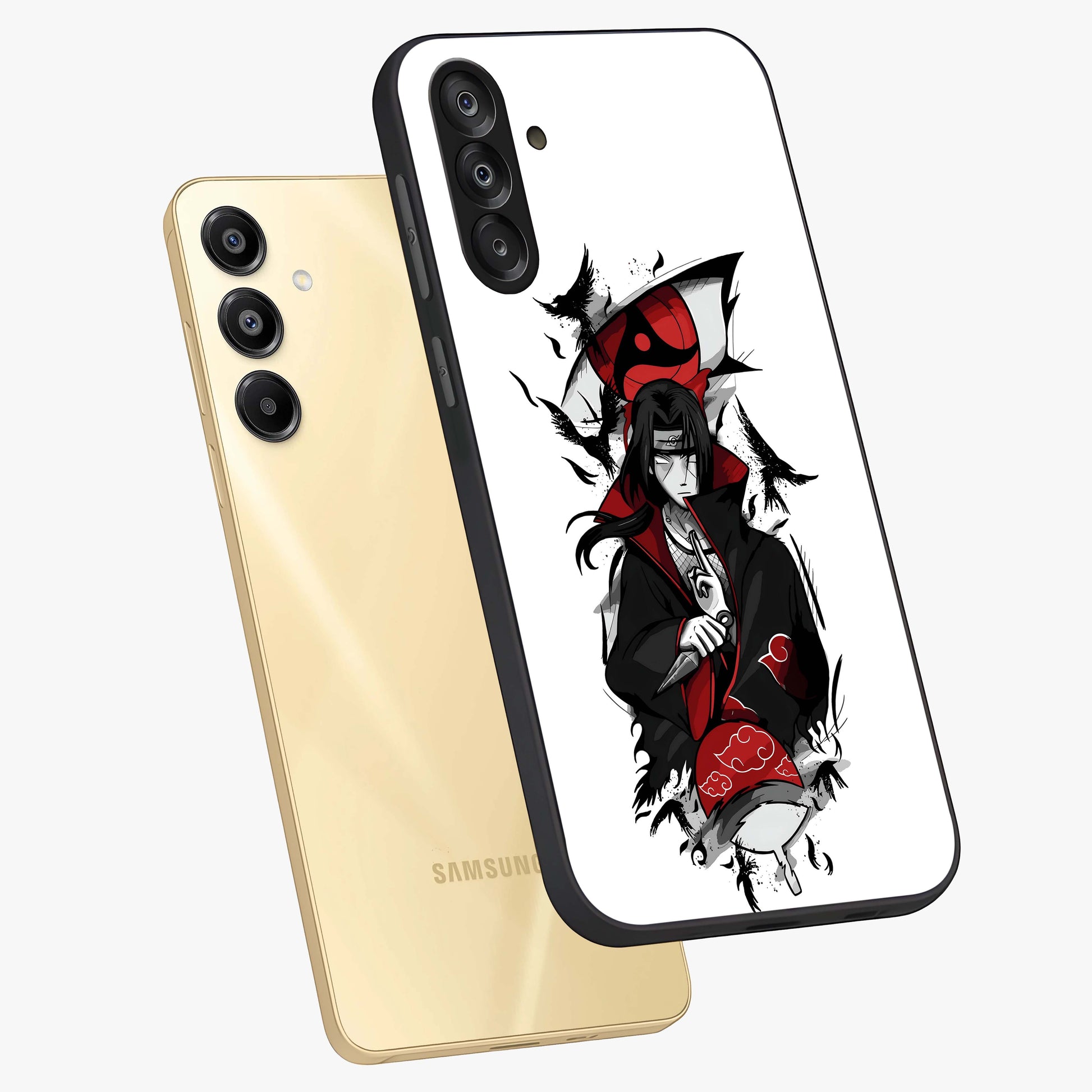 Itachi Limited Edition Naruto Anime Glass Case displayed in angled mockup highlighting dramatic anime illustration with bold action aesthetic.