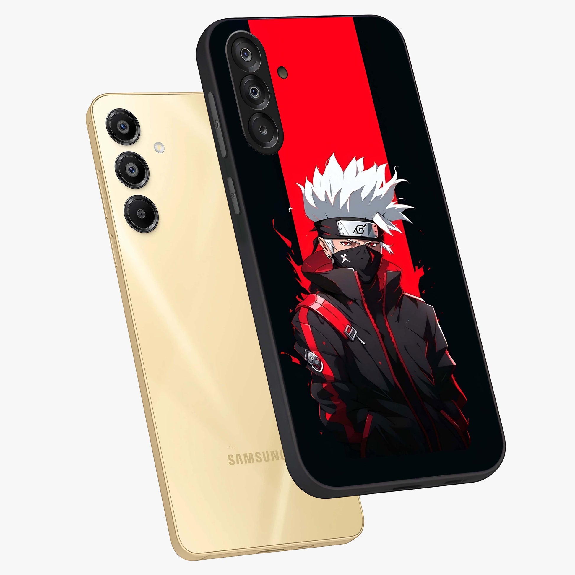 Kakashi Scarlet Shadow Glass Case displayed in angled mockup highlighting dramatic ninja illustration with scarlet themed aesthetic.
