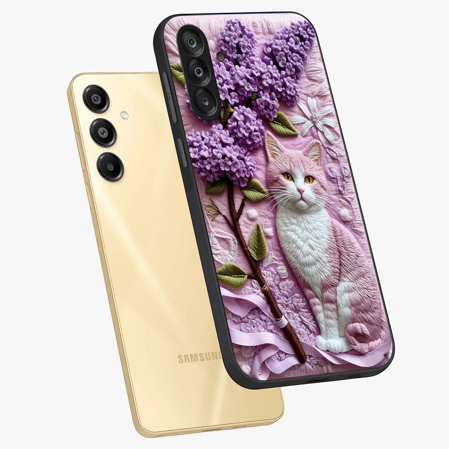 Lavender Cat Whimsy Glass Case displayed in angled mockup highlighting playful feline illustration with pastel lavender aesthetic.