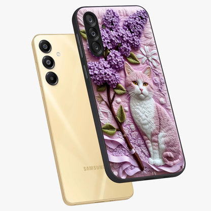 Lavender Cat Whimsy Glass Case displayed in angled mockup highlighting playful feline illustration with pastel lavender aesthetic.