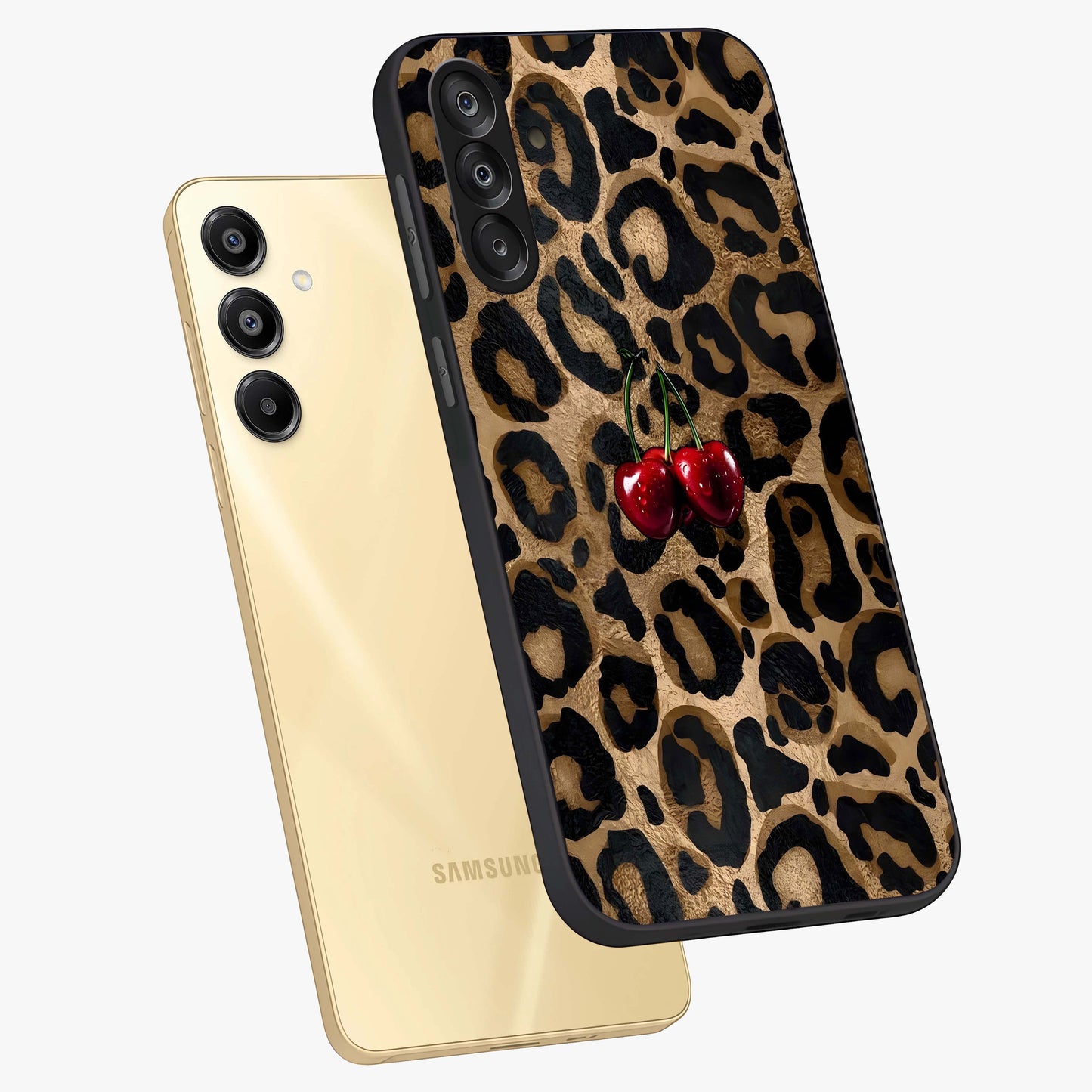 Leopard Wild Cherry Glass Case displayed in angled mockup highlighting bold animal print design with playful cherry aesthetic.