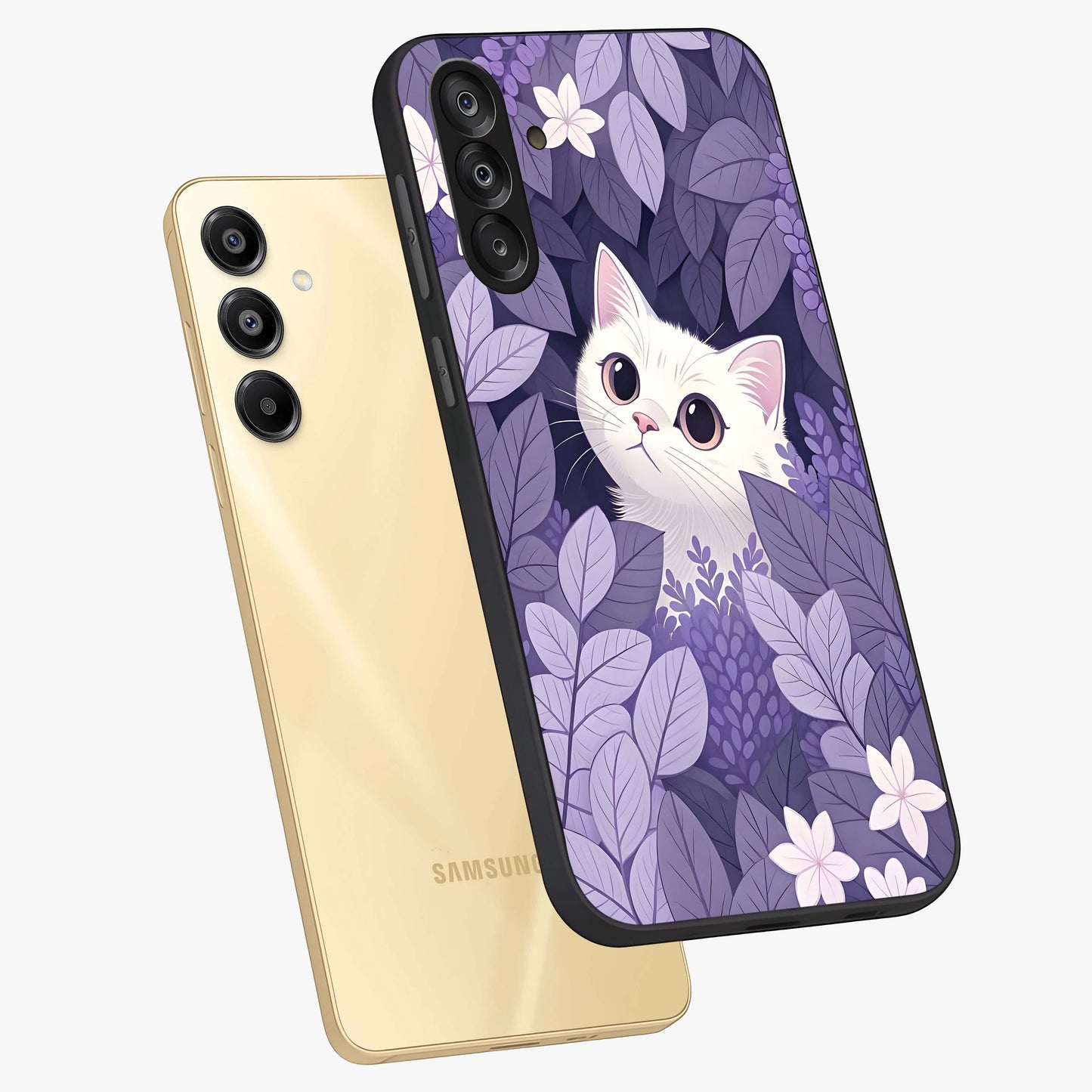 Lilac Hide Peek Cat Glass Case displayed in angled mockup highlighting playful feline illustration with lilac aesthetic design.