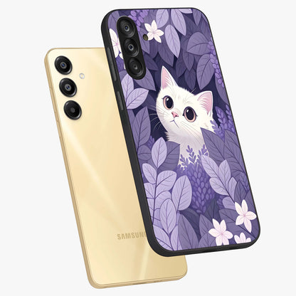 Lilac Hide Peek Cat Glass Case displayed in angled mockup highlighting playful feline illustration with lilac aesthetic design.