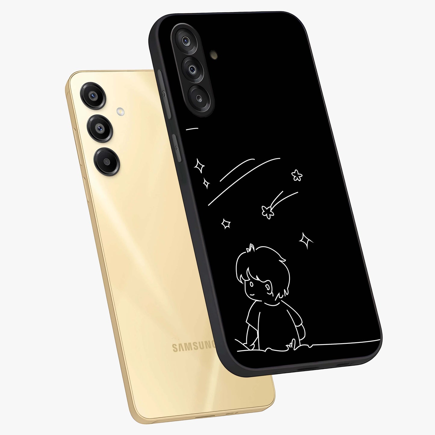Line Art Boy With Shooting Stars Glass Case displayed in angled mockup highlighting elegant line art design with dreamy star aesthetic.