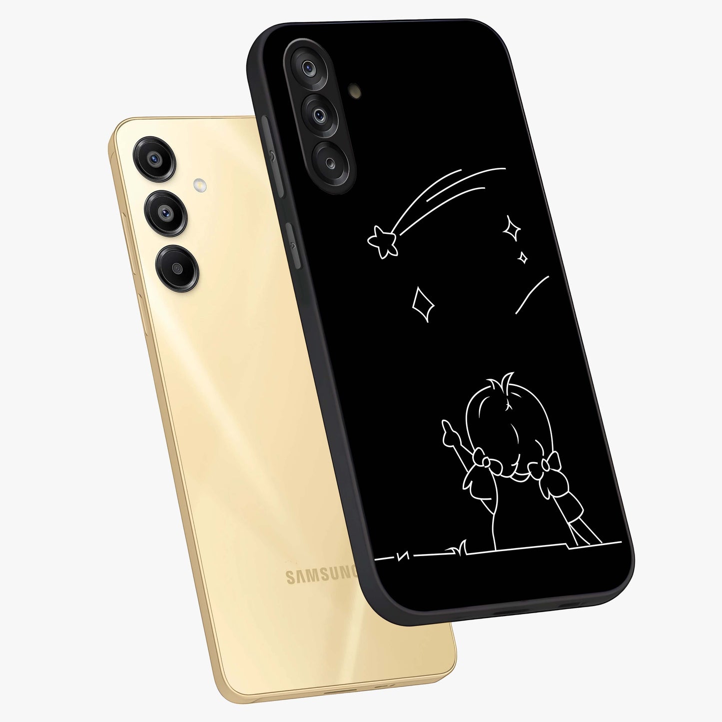 Line Art Girl With Shooting Stars Glass Case displayed in angled mockup highlighting elegant line art design with dreamy star aesthetic.
