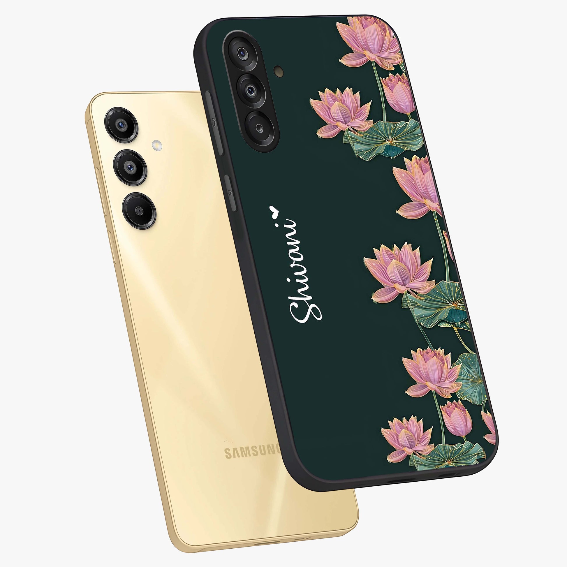 Lotus Bloom Serenity Custom Name Glass Case displayed in angled mockup highlighting graceful lotus illustration with custom name feature.