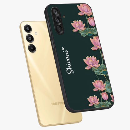 Lotus Bloom Serenity Custom Name Glass Case displayed in angled mockup highlighting graceful lotus illustration with custom name feature.