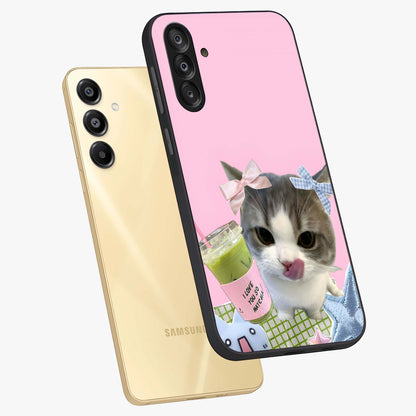 Love Matcha Cat Glass Case displayed in angled mockup highlighting playful feline illustration with cozy matcha aesthetic.