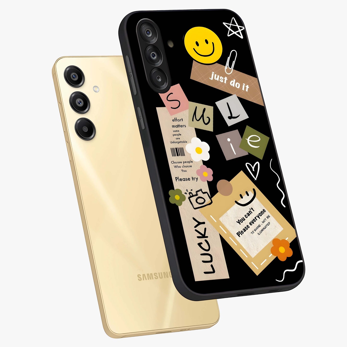 Lucky Aesthetic Collage Glass Case displayed in angled mockup highlighting stylish collage pattern with modern aesthetic vibe.