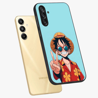 Luffy Summer Anime Vibe Glass Case displayed in angled mockup highlighting energetic anime illustration with summer vibe aesthetic.